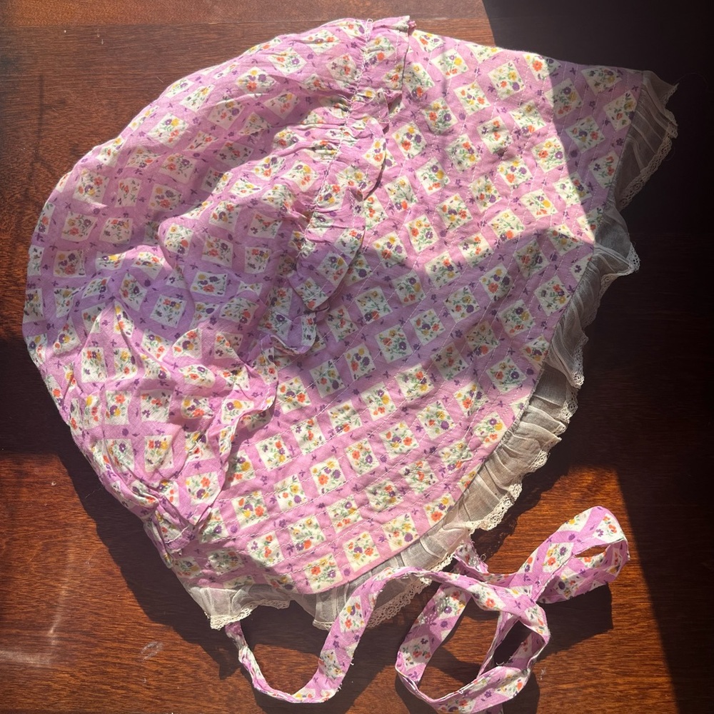 Floral Purple Vintage Bonnet with Lace Trim